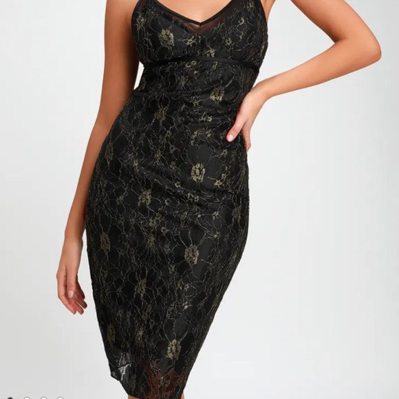 Shine In The Night Black and Gold Lace Midi Dress - Picture 5 of 7